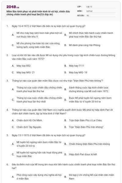 Miền Bắc khôi phục và phát triển kinh tế-xã hội, chiến đấu chống chiến tranh phá hoại lần(Có đáp án)