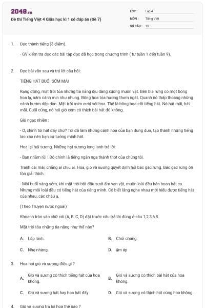 Đề thi Tiếng Việt 4 Giữa học kì 1 có đáp án (Đề 7)