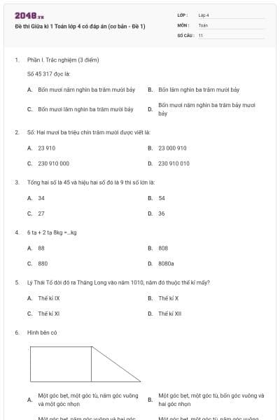 Đề thi Giữa kì 1 Toán lớp 4 có đáp án (cơ bản - Đề 1)