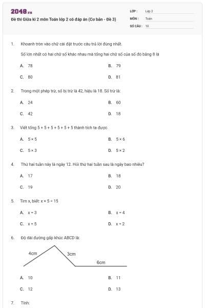 Đề thi Giữa kì 2 môn Toán lớp 2 có đáp án (Cơ bản - Đề 3)