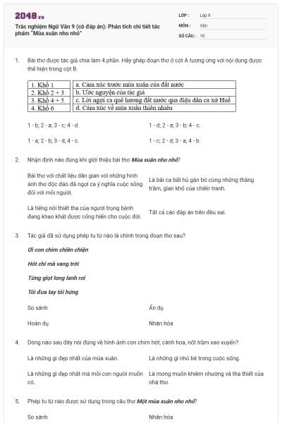 Trắc nghiệm Ngữ Văn 9 (có đáp án): Phân tích chi tiết tác phẩm “Mùa xuân nho nhỏ”