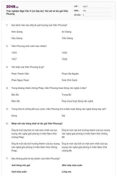 Trắc nghiệm Ngữ Văn 9 (có đáp án): Vài nét về tác giả Viễn Phương