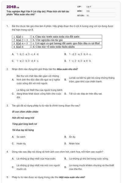 Trắc nghiệm Ngữ Văn 9 (có đáp án): Phân tích chi tiết tác phẩm “Mùa xuân nho nhỏ”