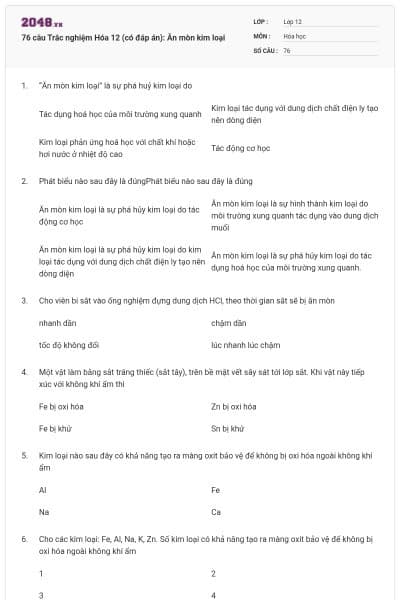 76 câu Trắc nghiệm Hóa 12 (có đáp án): Ăn mòn kim loại