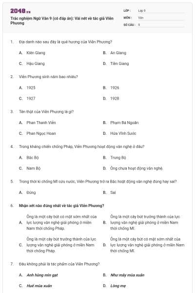 Trắc nghiệm Ngữ Văn 9 (có đáp án): Vài nét về tác giả Viễn Phương