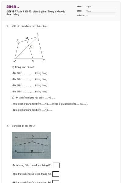Giải VBT Toán 3 Bài 93: Điểm ở giữa - Trung điểm của đoạn thẳng