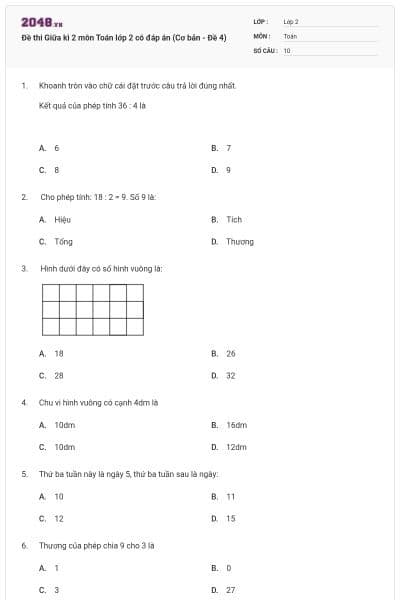 Đề thi Giữa kì 2 môn Toán lớp 2 có đáp án (Cơ bản - Đề 4)