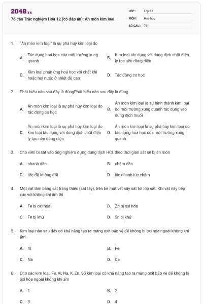76 câu Trắc nghiệm Hóa 12 (có đáp án): Ăn mòn kim loại