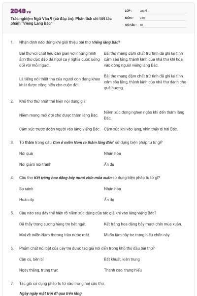 Trắc nghiệm Ngữ Văn 9 (có đáp án): Phân tích chi tiết tác phẩm “Viếng Lăng Bác”