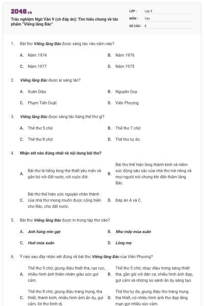 Trắc nghiệm Ngữ Văn 9 (có đáp án): Tìm hiểu chung về tác phẩm ”Viếng lăng Bác”