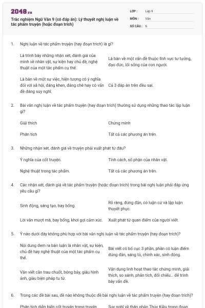 Trắc nghiệm Ngữ Văn 9 (có đáp án): Lý thuyết nghị luận về tác phẩm truyện (hoặc đoạn trích)