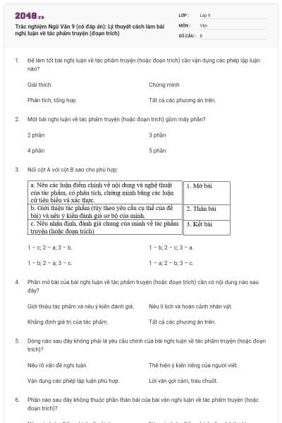Trắc nghiệm Ngữ Văn 9 (có đáp án): Lý thuyết cách làm bài nghị luận về tác phẩm truyện (đoạn trích)
