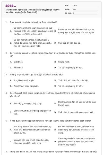 Trắc nghiệm Ngữ Văn 9 (có đáp án): Lý thuyết nghị luận về tác phẩm truyện (hoặc đoạn trích)