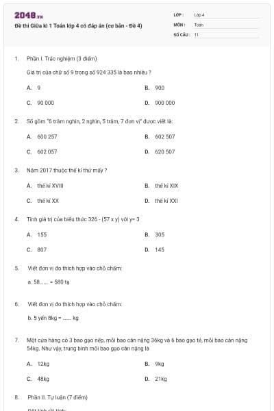 Đề thi Giữa kì 1 Toán lớp 4 có đáp án (cơ bản - Đề 4)