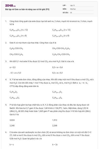 Bài tập về Este cơ bản và nâng cao có lời giải (P3)