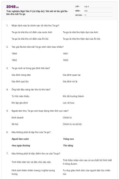 Trắc nghiệm Ngữ Văn 9 (có đáp án): Vài nét về tác giả Ra-bin-đra-nát Ta-go