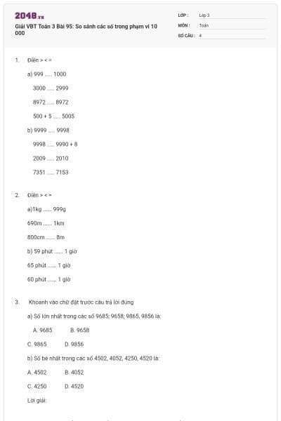 Giải VBT Toán 3 Bài 95: So sánh các số trong phạm vi 10 000