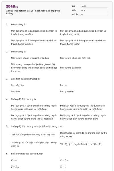 32 câu  Trắc nghiệm Vật Lí 11 Bài 3 (có đáp án): Điện trường