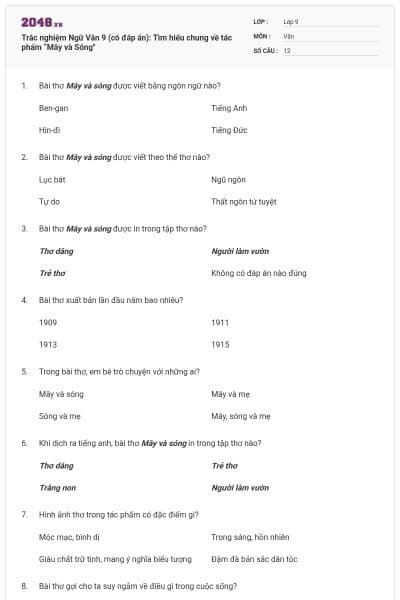 Trắc nghiệm Ngữ Văn 9 (có đáp án): Tìm hiểu chung về tác phẩm “Mây và Sóng"