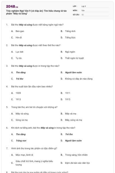 Trắc nghiệm Ngữ Văn 9 (có đáp án): Tìm hiểu chung về tác phẩm “Mây và Sóng"