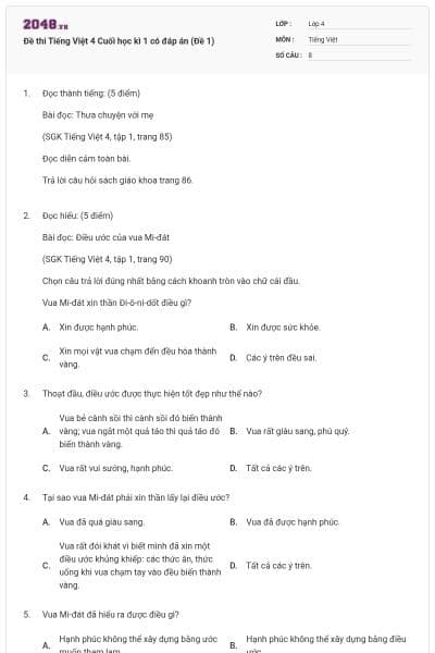 Đề thi Tiếng Việt 4 Cuối học kì 1 có đáp án (Đề 1)