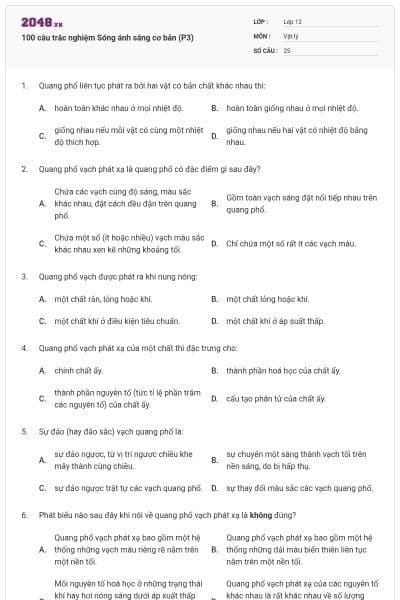 100 câu trắc nghiệm Sóng ánh sáng cơ bản (P3)