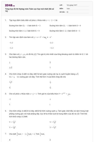 Tổng hợp đề thi thptqg môn Toán cực hay mới nhất (Đề số 16)