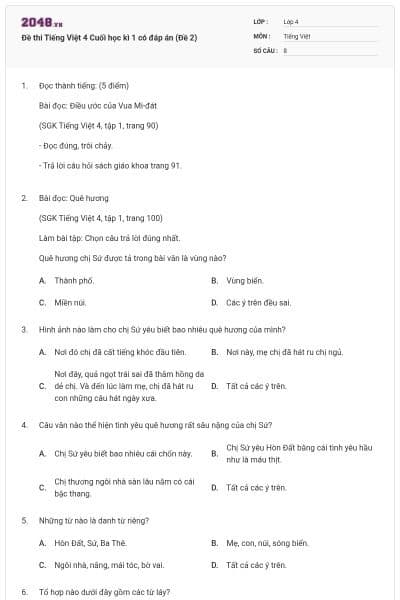 Đề thi Tiếng Việt 4 Cuối học kì 1 có đáp án (Đề 2)