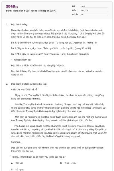 Đề thi Tiếng Việt 4 Cuối học kì 1 có đáp án (Đề 4)