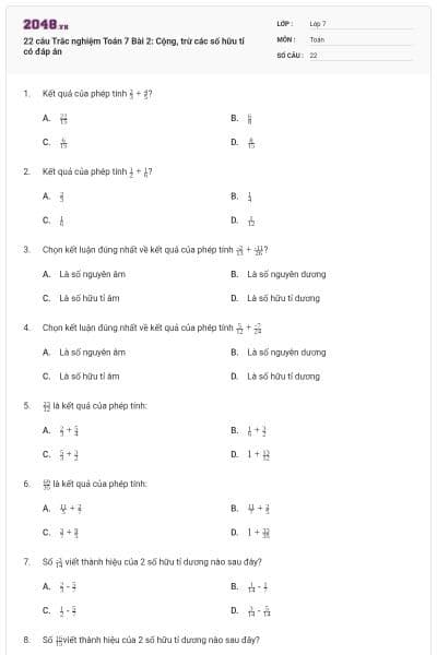22 câu Trắc nghiệm Toán 7 Bài 2: Cộng, trừ các số hữu tỉ có đáp án