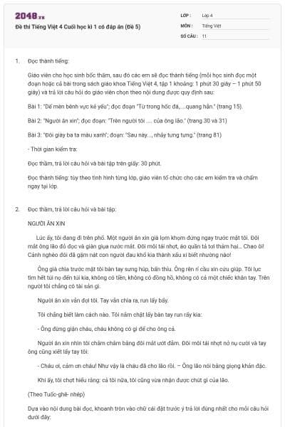 Đề thi Tiếng Việt 4 Cuối học kì 1 có đáp án (Đề 5)