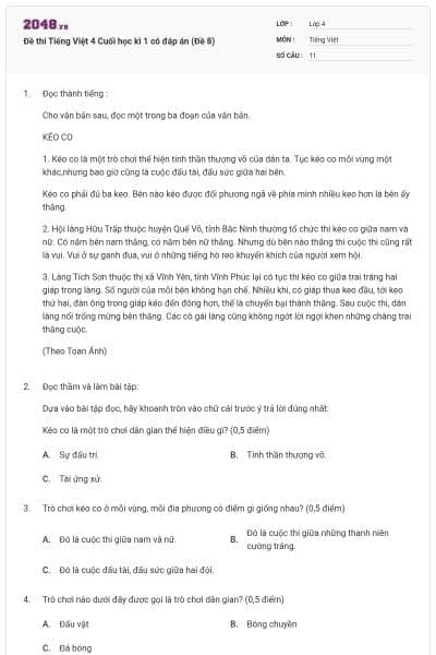 Đề thi Tiếng Việt 4 Cuối học kì 1 có đáp án (Đề 8)