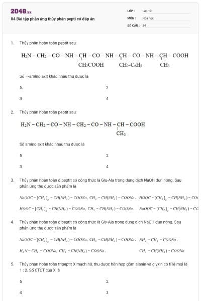 84 Bài tập phản ứng thủy phân pepti có đáp án