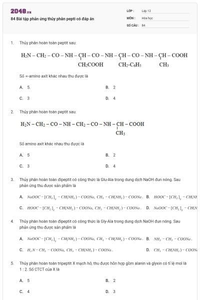 84 Bài tập phản ứng thủy phân pepti có đáp án