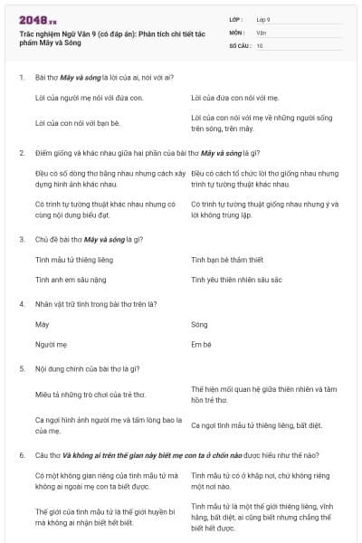 Trắc nghiệm Ngữ Văn 9 (có đáp án): Phân tích chi tiết tác phẩm Mây và Sóng