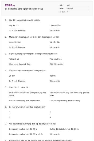 Đề thi Học kì 2 Công nghệ 9 có đáp án (Đề 2)