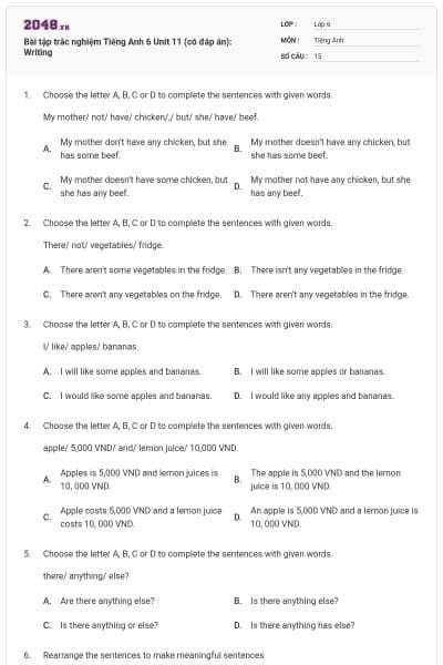 Bài tập trắc nghiệm Tiếng Anh 6 Unit 11 (có đáp án): Writing