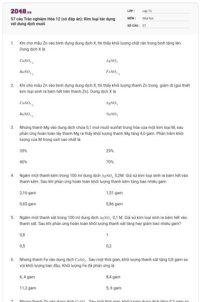 57 câu Trắc nghiệm Hóa 12 (có đáp án): Kim loại tác dụng với dung dịch muối