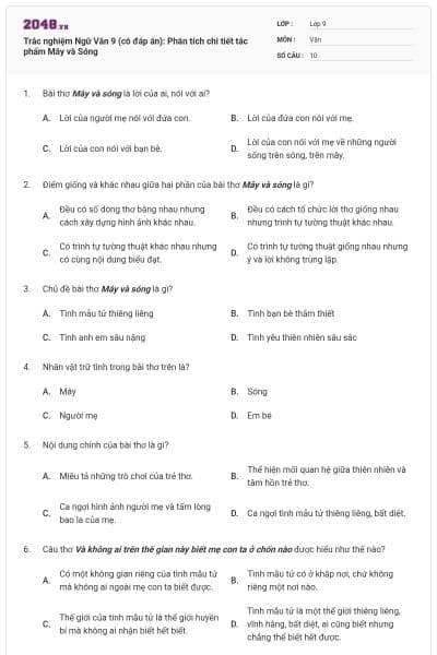 Trắc nghiệm Ngữ Văn 9 (có đáp án): Phân tích chi tiết tác phẩm Mây và Sóng