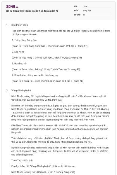 Đề thi Tiếng Việt 4 Giữa học kì 2 có đáp án (Đề 7)