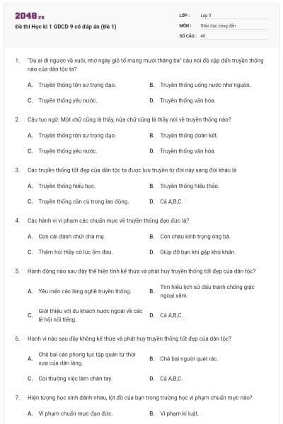 Đề thi Học kì 1 GDCD 9 có đáp án (Đề 1)