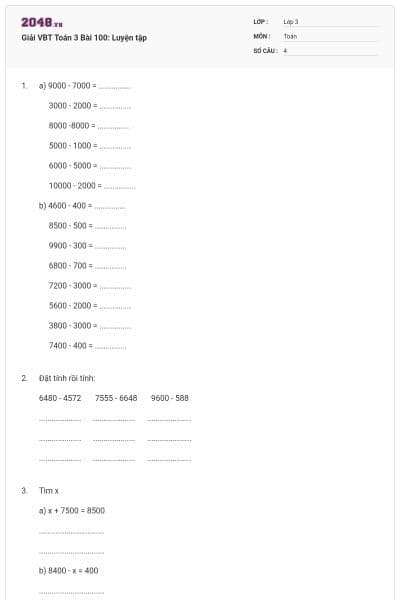Giải VBT Toán 3 Bài 100: Luyện tập
