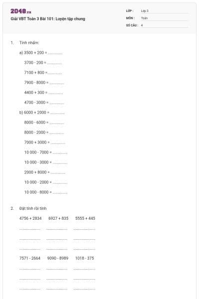 Giải VBT Toán 3 Bài 101: Luyện tập chung