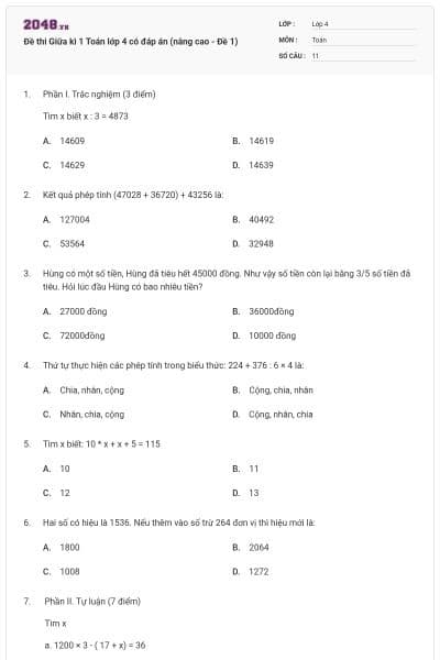 Đề thi Giữa kì 1 Toán lớp 4 có đáp án (nâng cao - Đề 1)