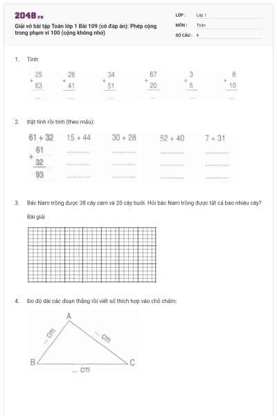 Giải vở bài tập Toán lớp 1 Bài 109 (có đáp án): Phép cộng trong phạm vi 100 (cộng không nhớ)