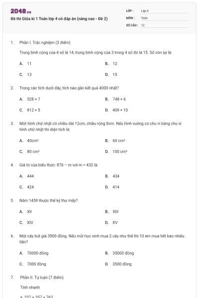Đề thi Giữa kì 1 Toán lớp 4 có đáp án (nâng cao - Đề 2)