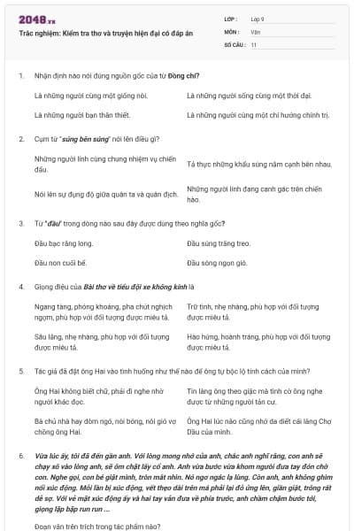 Trắc nghiệm: Kiểm tra thơ và truyện hiện đại có đáp án