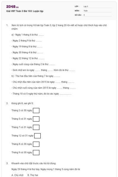 Giải VBT Toán 3 Bài 103: Luyện tập