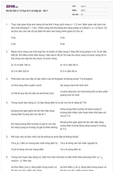 Đề thi Vật Lí 12 Học kì 2 có đáp án - Đề 1