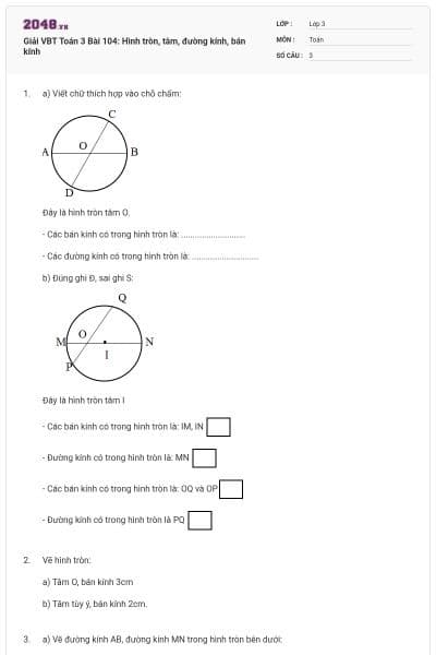 Giải VBT Toán 3 Bài 104: Hình tròn, tâm, đường kính, bán kính
